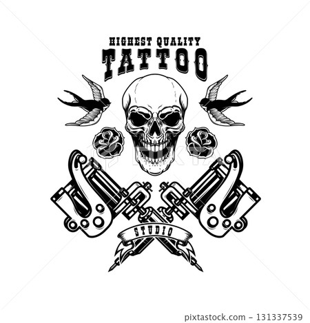 Tattoo studio emblem template. Crossed tattoo machine, skull, roses. Design element for logo, label, sign, poster, t shirt. Vector illustration Tattoo studio emblem template. Crossed tattoo machine, skull, roses. Design element for logo, label, sign, poster, t shirt. Vector illustration 131337539