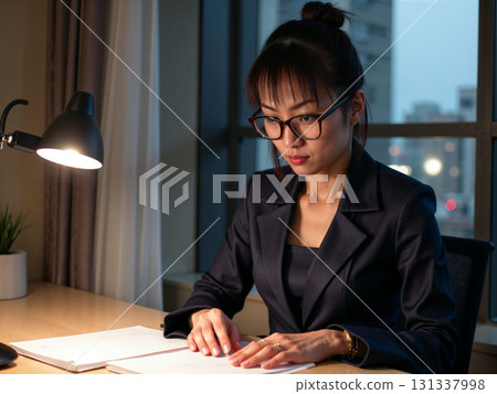 Businesswoman working at her desk at night 131337998