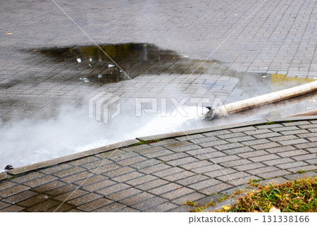 A garden hose is actively spraying water onto a brick sidewalk surface A garden hose is actively spraying water onto a brick sidewalk surface 131338166