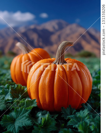 Pumpkins in lush green field with mountain backdrop under clear blue sky, evoking serene autumn atmosphere Pumpkins in lush green field with mountain backdrop under clear blue sky, evoking serene autumn atmosphere 131338206