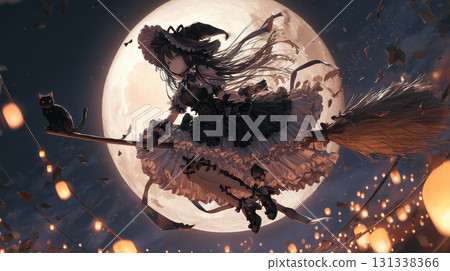 Gothic witch and black cat dancing on a full moon night 131338366