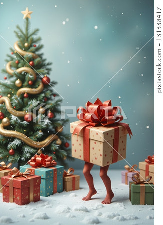 Walking gift boxes with ribbons near holiday tree 131338417