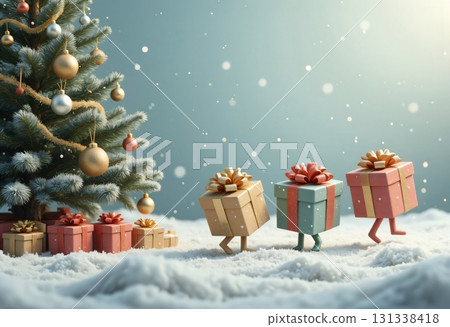 Walking gift boxes with ribbons near holiday tree 131338418