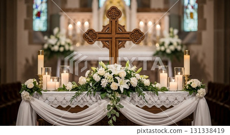 An altar covered with white fabric and candles. An altar covered with white fabric and candles. 131338419