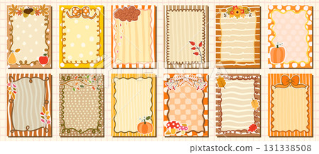 Cute Fall Vector Frames with Pumpkins, Apple, Flowers on Striped and Polka dot Backgrounds for Thanksgiving and Harvest Season Designs 131338508