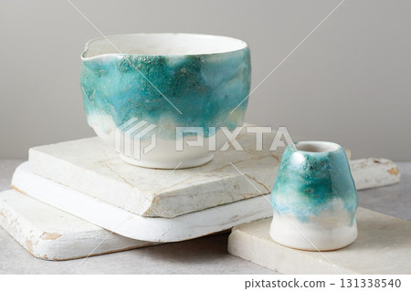 Tea bowl ceramic on gray background. Tea bowl ceramic on gray background. 131338540
