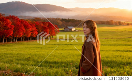 Autumn rural landscape and female portrait 131338650