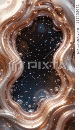 Shimmering Abstract Golden Liquid Frame with Bubbles 131338671