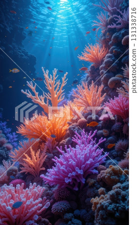 Luminous coral reef with tropical fish in deep blue water 131338716