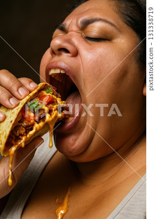 Overweight woman eating a large burrito with dripping cheese sauce. 131338719