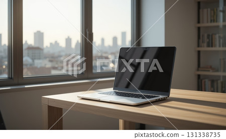 Laptop on a desk in a calm, sunlit office with a cityscape. 131338735