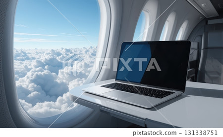 Laptop on an airplane table with a stunning cloud view 131338751
