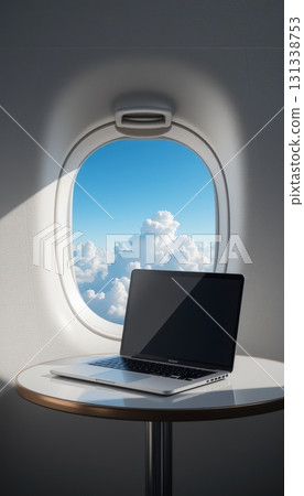 Laptop on a white table on an airplane with clouds 131338753