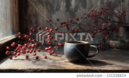 Rustic still life with a dark ceramic cup 131338814