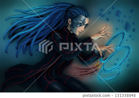 Futuristic Agent with Blue Dreads and Half-Mask 131338848