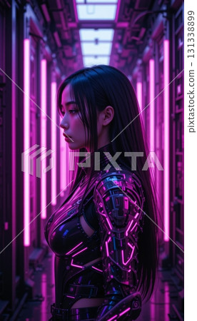 Future Fashion A Woman with Armored Suit and Long Hair 131338899