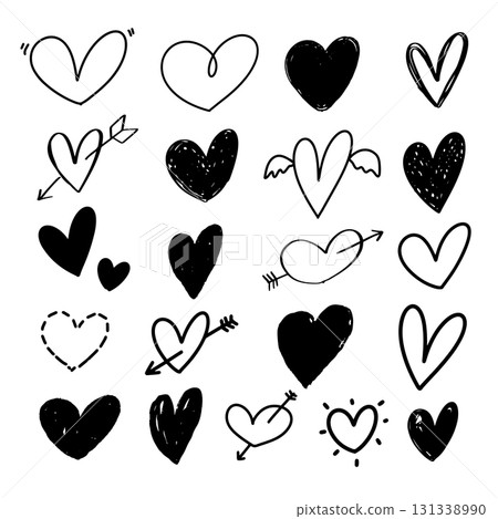 Set of hand drawn illustrations of hearts. Design element for logo, label, sign, badge. Vector illustration 131338990