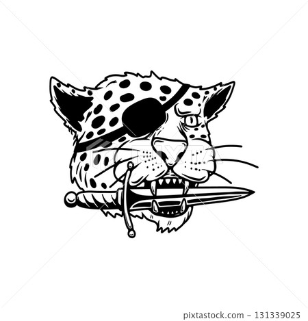 Jaguar with dagger in teeth. Design element for emblem, sign, badge, poster. Vector illustration Jaguar with dagger in teeth. Design element for emblem, sign, badge, poster. Vector illustration 131339025
