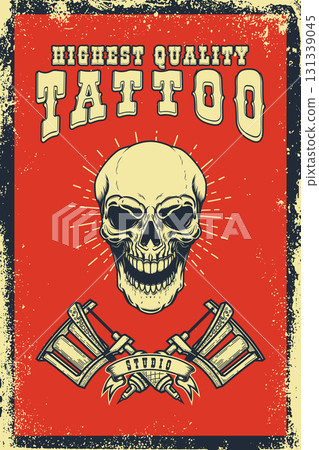 Tattoo studio emblem template. Crossed tattoo machine, skull, roses. Design element for logo, label, sign, poster, t shirt. Vector illustration 131339045