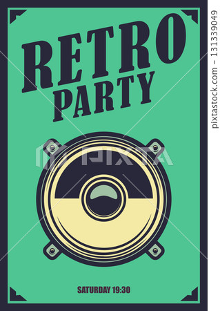 Retro party. Poster template with retro style boombox. Design element for banner, sign, flyer. Vector illustration 131339049