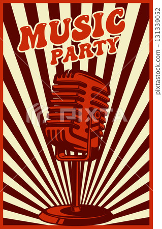 Retro party. Poster template with retro style microphone. Design element for banner, sign, flyer. Vector illustration 131339052