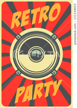 Retro party. Poster template with retro style boombox. Design element for banner, sign, flyer. Vector illustration 131339053