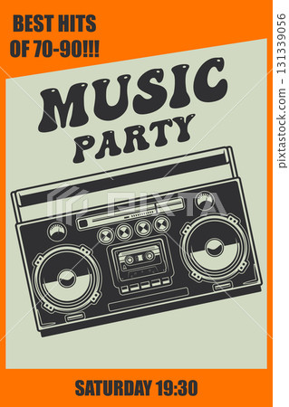 Retro party. Poster template with retro style boombox. Design element for banner, sign, flyer. Vector illustration 131339056