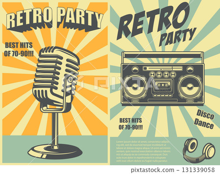 Retro party. Poster template with retro style boombox, microphone. Design element for banner, sign, flyer. Vector illustration 131339058