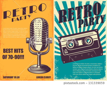 Retro party. Poster template with retro style boombox, microphone. Design element for banner, sign, flyer. Vector illustration 131339059