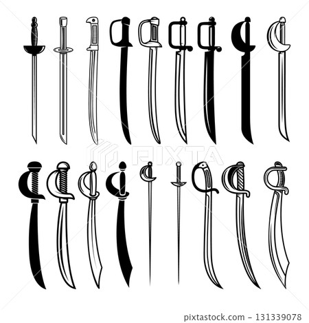 Set of illustrations of medieval swords. Design element for poster, card, banner,emblem, sign. Vector illustration Set of illustrations of medieval swords. Design element for poster, card, banner,emblem, sign. Vector illustration 131339078