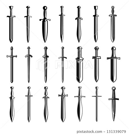 Set of illustrations of medieval swords. Design element for poster, card, banner,emblem, sign. Vector illustration 131339079