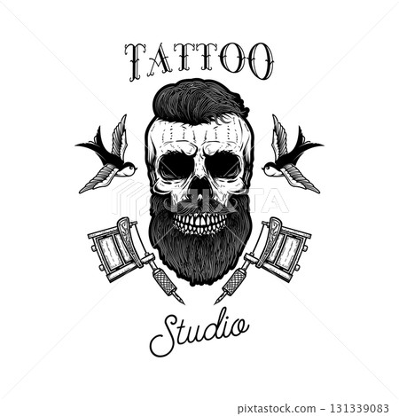 Tattoo studio emblem template. Crossed tattoo machine, skull, roses. Design element for logo, label, sign, poster, t shirt. Vector illustration Tattoo studio emblem template. Crossed tattoo machine, skull, roses. Design element for logo, label, sign, poster, t shirt. Vector illustration 131339083