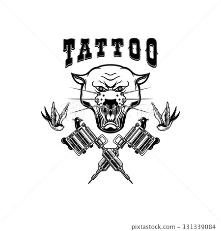 Tattoo studio emblem template. Crossed tattoo machine, panther head, roses. Design element for logo, label, sign, poster, t shirt. Vector illustration Tattoo studio emblem template. Crossed tattoo machine, panther head, roses. Design element for logo, label, sign, poster, t shirt. Vector illustration 131339084
