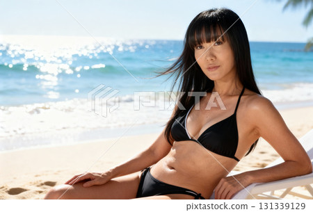 一位身穿泳衣的中年婦女在海灘上放鬆的肖像 一位身穿泳衣的中年婦女在海灘上放鬆的肖像 131339129