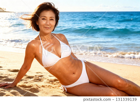 Portrait of a middle-aged woman in a swimsuit relaxing on the beach 131339139
