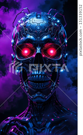 A Detailed Cybernetic Skull With Bright Glowing Eyes 131339152