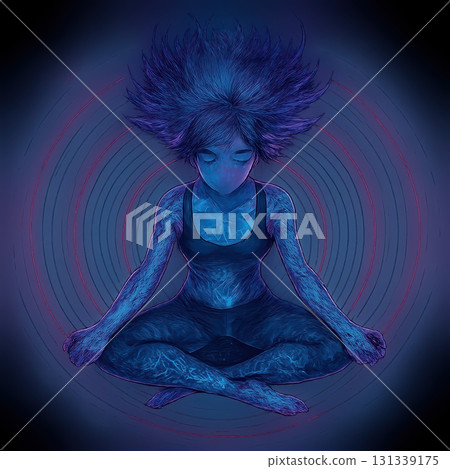Serene Meditating Figure with Digital Energy Field 131339175