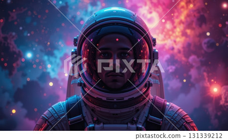 Astronaut Portrait with Glowing Visor and Galaxy Background Astronaut Portrait with Glowing Visor and Galaxy Background 131339212