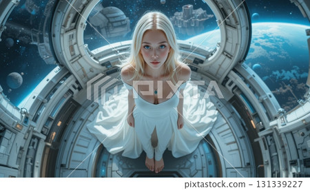 Woman in white dress looking at camera on spaceship deck 131339227