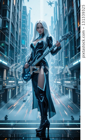 Full Body Shot of a Futuristic Musician with a Luminous Guitar Full Body Shot of a Futuristic Musician with a Luminous Guitar 131339325