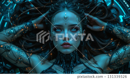 High Angle View of a Luminous Android Woman on a Circuit Board 131339326
