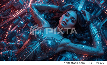 Android in Chrome Body Armor Surrounded by Machinery Android in Chrome Body Armor Surrounded by Machinery 131339327