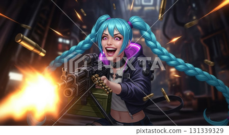 Unhinged Female Mercenary Firing Her Weapon in Battle 131339329