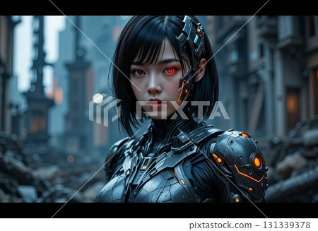 A Determined Android with Glowing Orange Eye in a Desolate City 131339378