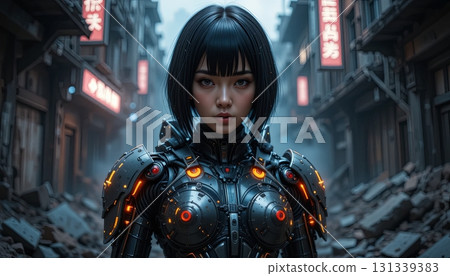 A Determined Cybernetic Warrior with Short Black Hair in a Cityscape 131339383