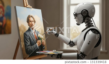 A robot painting a portrait of a man. 131339418
