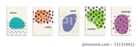 Collection of drawing art covers, templates, backgrounds, placards, brochures, banners, flyers. Creative hand drawn posters with color shapes and sketch print. Cute children design 131339422