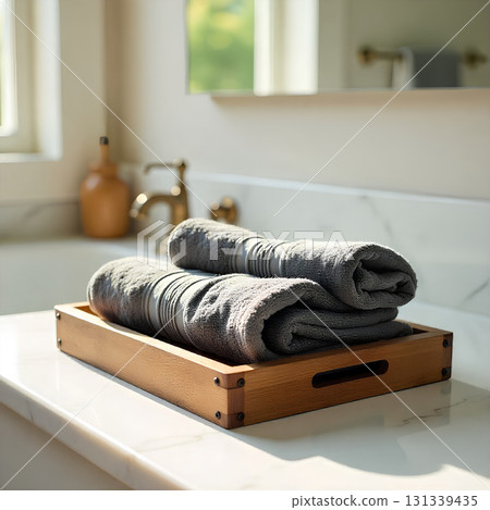 pile of white towels in bathroom interior pile of white towels in bathroom interior 131339435