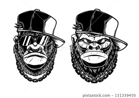 Illustration of gorilla in baseball cap in monochrome and color styles. Design element for t shirt, emblem, badge. Vector illustration 131339450
