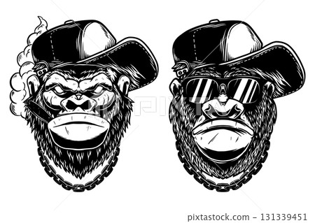 Illustration of gorilla in baseball cap in monochrome and color styles. Design element for t shirt, emblem, badge. Vector illustration 131339451